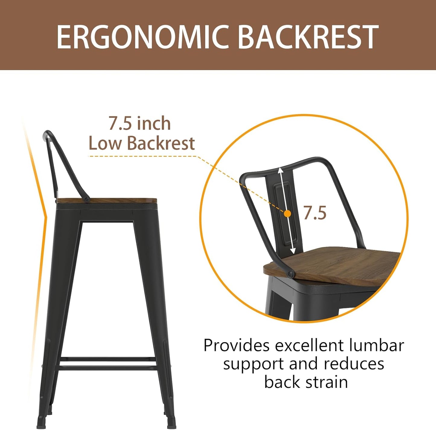 26 Inch Swivel Bar Stools Set of 4, Counter Height Bar Stools with Low Back, Metal Industrial Bar Chairs for Kitchen Island (Matte Black)