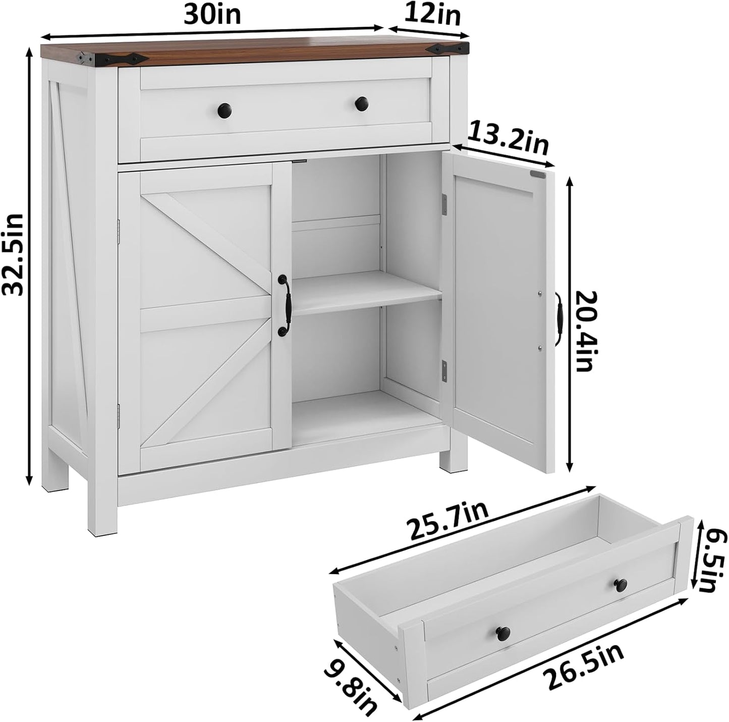 Farmhouse Storage Cabinet with 2 Doors, White Kitchen Cabinet with Walnut Countertop, Freestanding Floor Storage Cabinets Hutch Cupboard