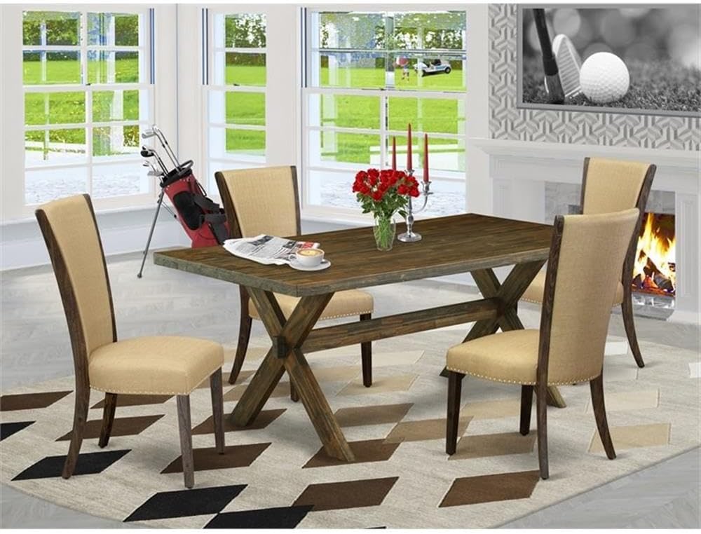 East West Furniture X777VE703-5 5 Piece Dining Set Includes a Rectangle Dining Room Table with X-Legs and 4 Brown Linen Fabric Upholstered Parson Chairs, 40x72 Inch, Multi-Color