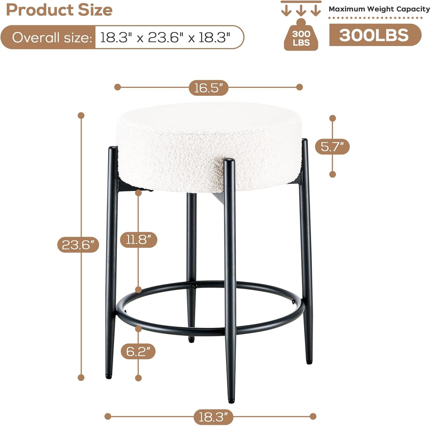 Modern Dining Chairs Set of 4, 23.6" White Round Backless Boucle Sherpa Upholstered Dining Chair with Solid Metal Legs for Kitchen, Living Room