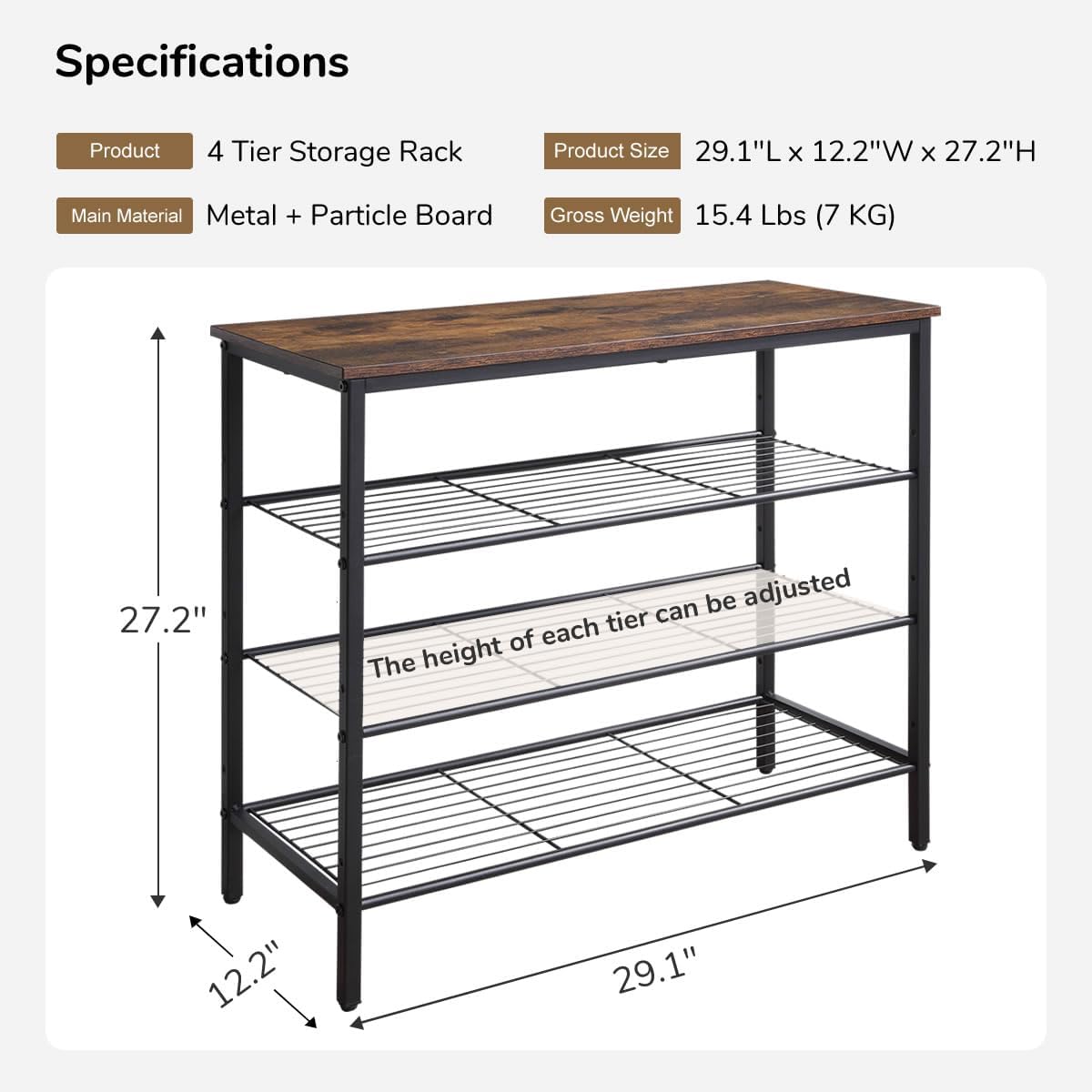 4-Tier Shoe Rack Organizer, Metal Mesh Shoe Storage Shelf, for Entryway, Hallway, Closet, Dorm Room, Industrial, Rustic Brown