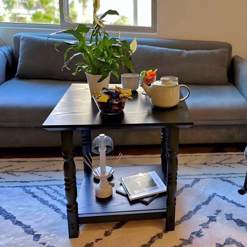 DWVO Farmhouse Square Coffee Table, Antique Accent Side Table with Floor Shelf, 23.6"x 23.6" Living Room Furniture, Black