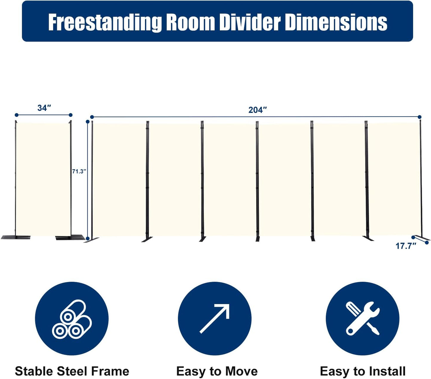 Room Divider 6FT Portable Room Dividers and Folding Privacy Screens, 204'' W Fabric Divider for Room Separation, 6 Panel Partition Room Dividers Freestanding Wall Divider Screen for Dorm Studio Office