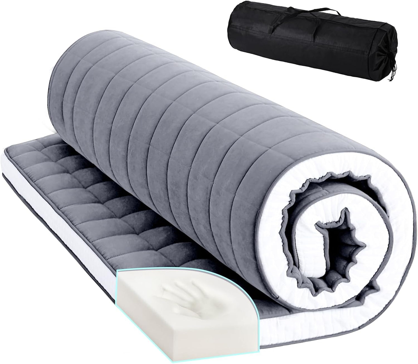 Tiita Futon Mattress 4” Thick Folding Roll Up Sleeping Pad with Bag & Strap, Bed Topper Mat for Guest, Lounger and Tavel, Gray,Queen Size