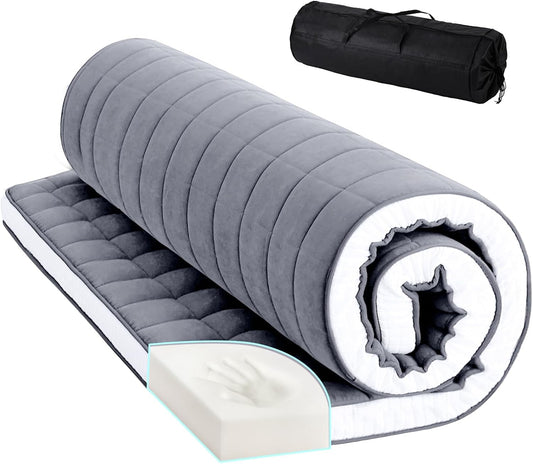 Tiita Futon Mattress 4” Thick Folding Roll Up Sleeping Pad with Bag & Strap, Bed Topper Mat for Guest, Lounger and Tavel, Gray,Queen Size