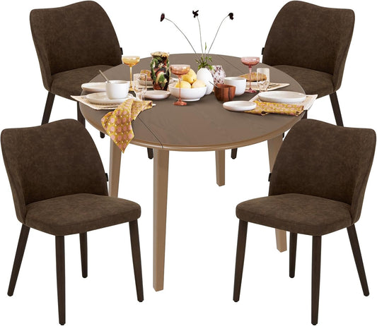 COLAMY 5-Piece Extendable Dining Table Set for 4, 36" Kitchen Round Wood Table with 4 Wooden Dining Room Chairs,Light Brown/Dark Brown