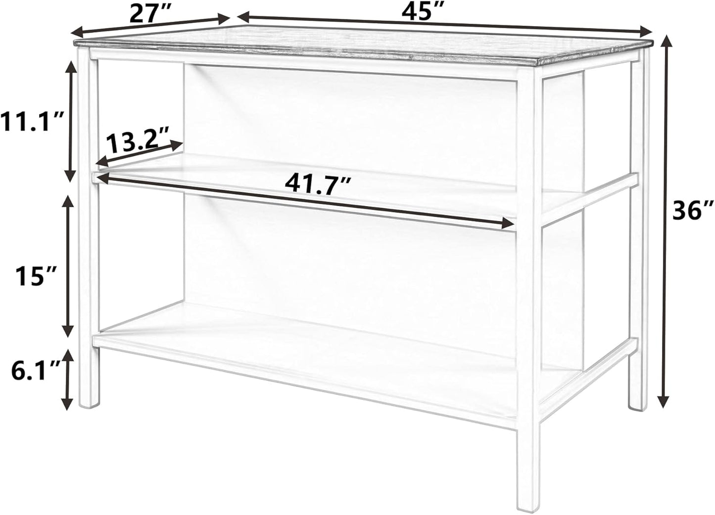 Ball & Cast 45" Solid Wood Rustic Stationary Kitchen Island,with 2 Shelves,Rubber Butcher Block Dining Table w/Shelf Half Full Open Side,for Dorm,Apartment,Walnut