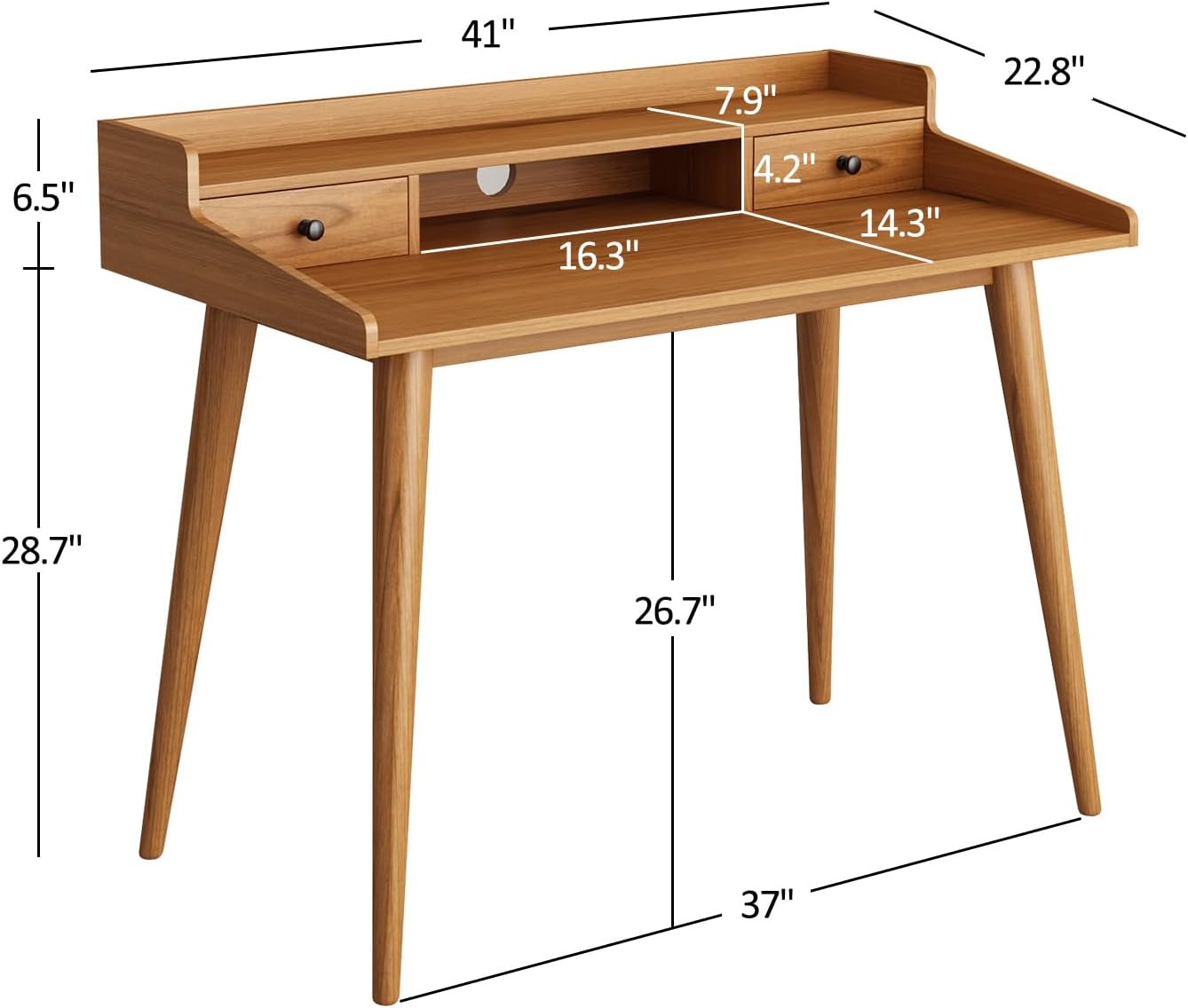 Mid Century Modern Desk, 41" Wood Home Office Writing Computer or Laptop Desk with Monitor Stand Riser and Open Storage Cubby, Vanity Desk with 2 Drawers