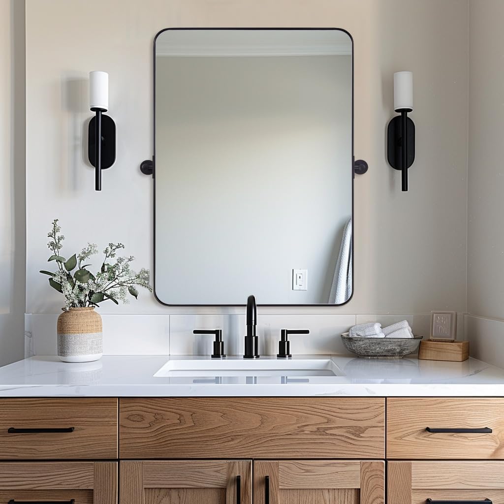 MOON MIRROR 20" x 28" Black Metal Framed Pivot Rectangle Bathroom Mirror, Tilting Rounded Rectangular Vanity Mirror for Wall Mounted Hangs Vertical only