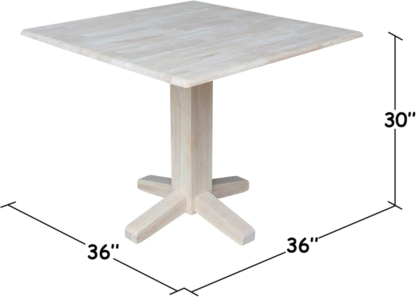 IC International Concepts 36" Square Dual Drop Leaf Dining Table Solid Real Wood, Sturdy Parawood, 36"W x 36"D x 30"H, Unfinished