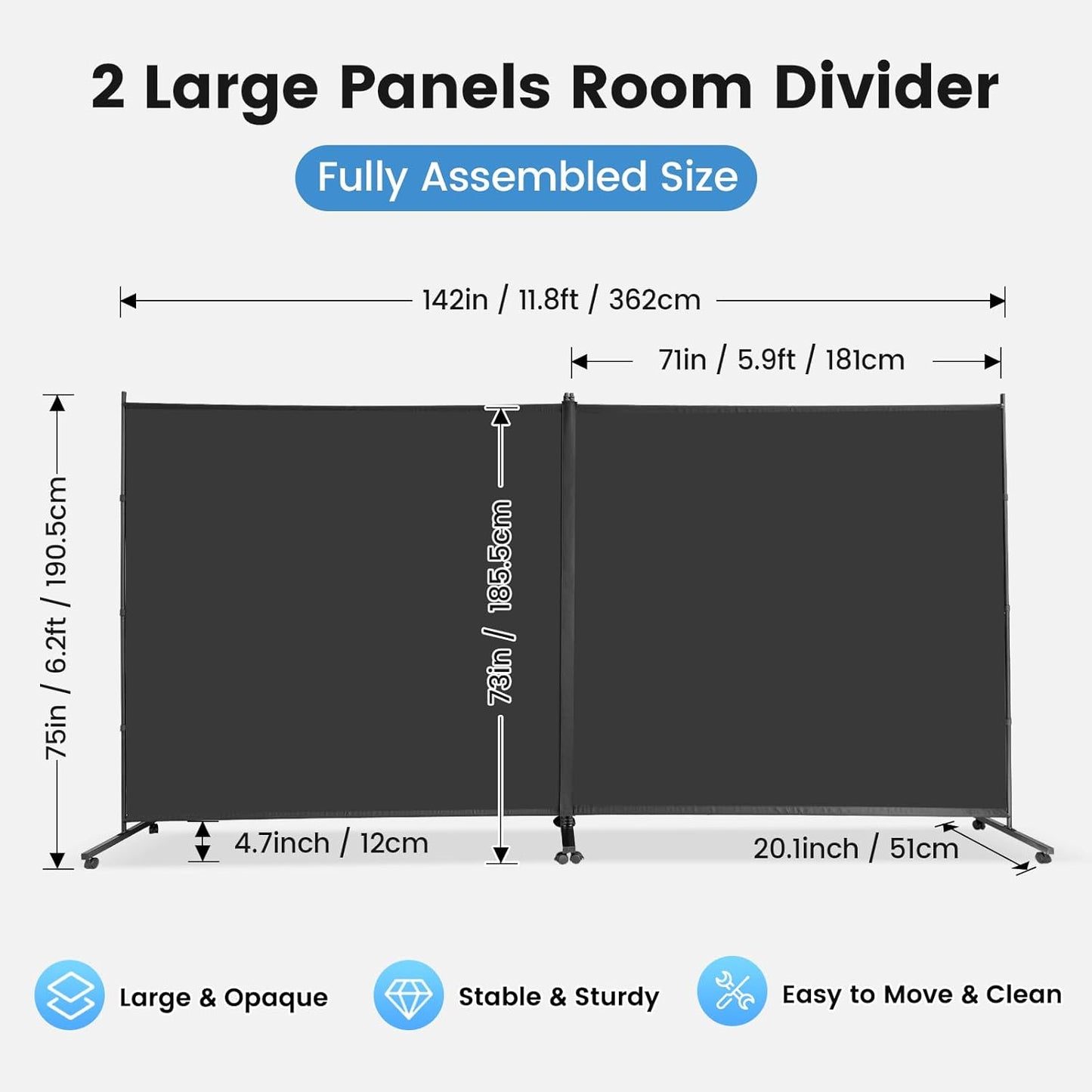 MAYOLIAH Indoor Room Divider 2 Large Panels on Wheels, 142”W x 75”H Rolling Privacy Screen W/Cover Strip, Portable Wall Divider for Home Office Partition, Grey