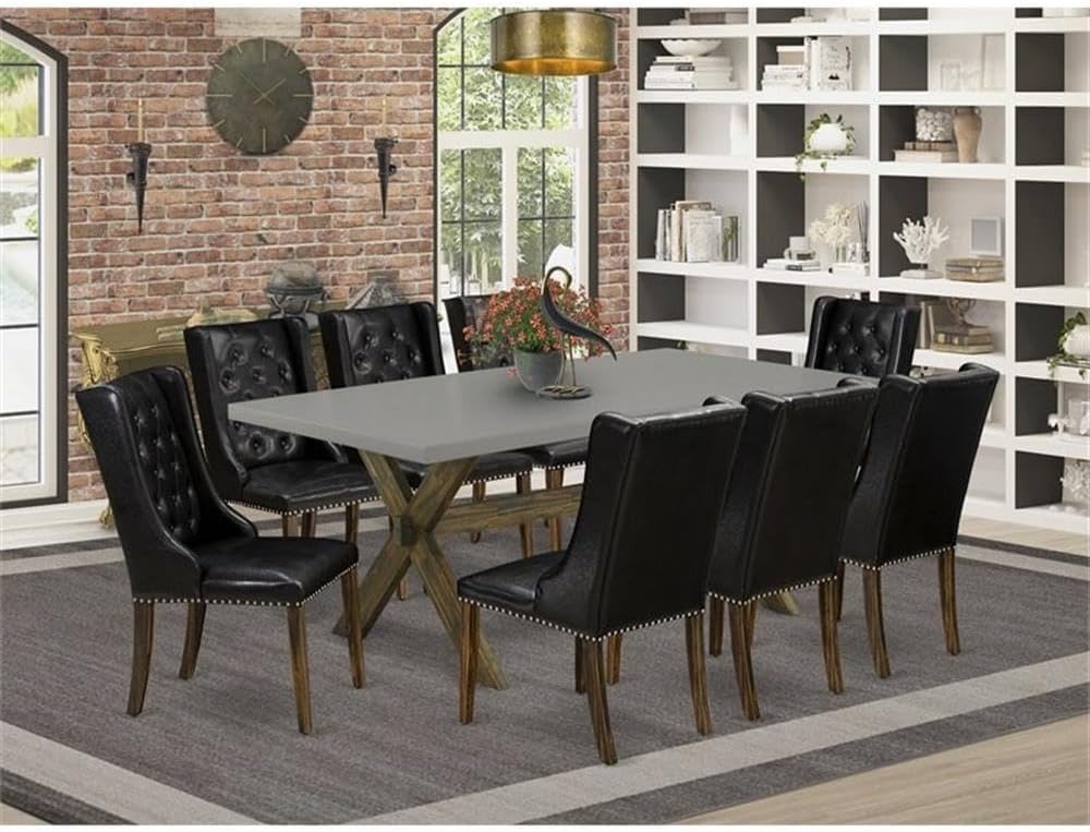 East West Furniture X797FO749-9 9 Piece Dining Set Includes a Rectangle Dining Room Table with X-Legs and 8 Black Faux Leather Upholstered Parson Chairs, 40x72 Inch, Multi-Color