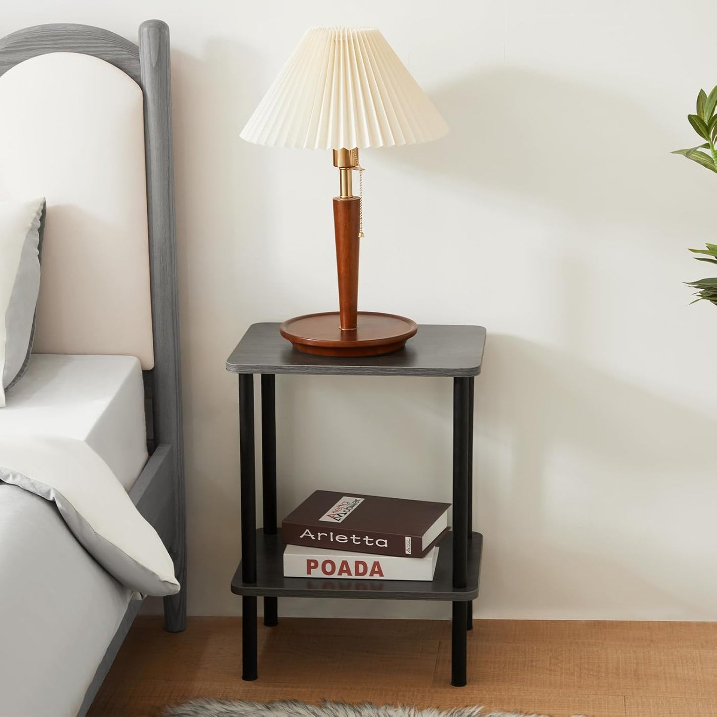 Apicizon 2 Tier End Table Set of 2, Boho Side Table with Storage Shelf, Nightstand Bedside Table for Small Spaces, Bedroom, Living Room, Entryway, Farmhouse, Easy Assembly, Grey