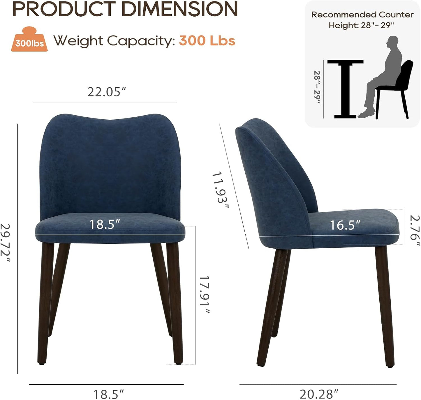 COLAMY Upholstered Dining Chairs Set of 2, Modern PU Leather Dining Room Kitchen Side Chair with Padded Seat and Wood Legs Restaurant/Cafe, Blue