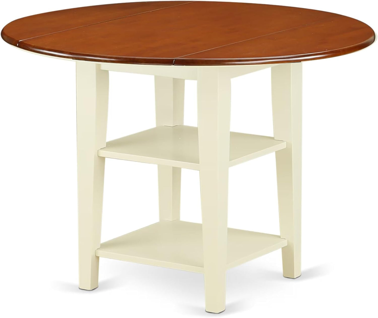 East West Furniture SUPL5-BMK-W 5 Piece Dining Room Table Set Includes a Round Kitchen Table with Dropleaf & Shelves and 4 Dining Chairs, 42x42 Inch, Buttermilk & Cherry