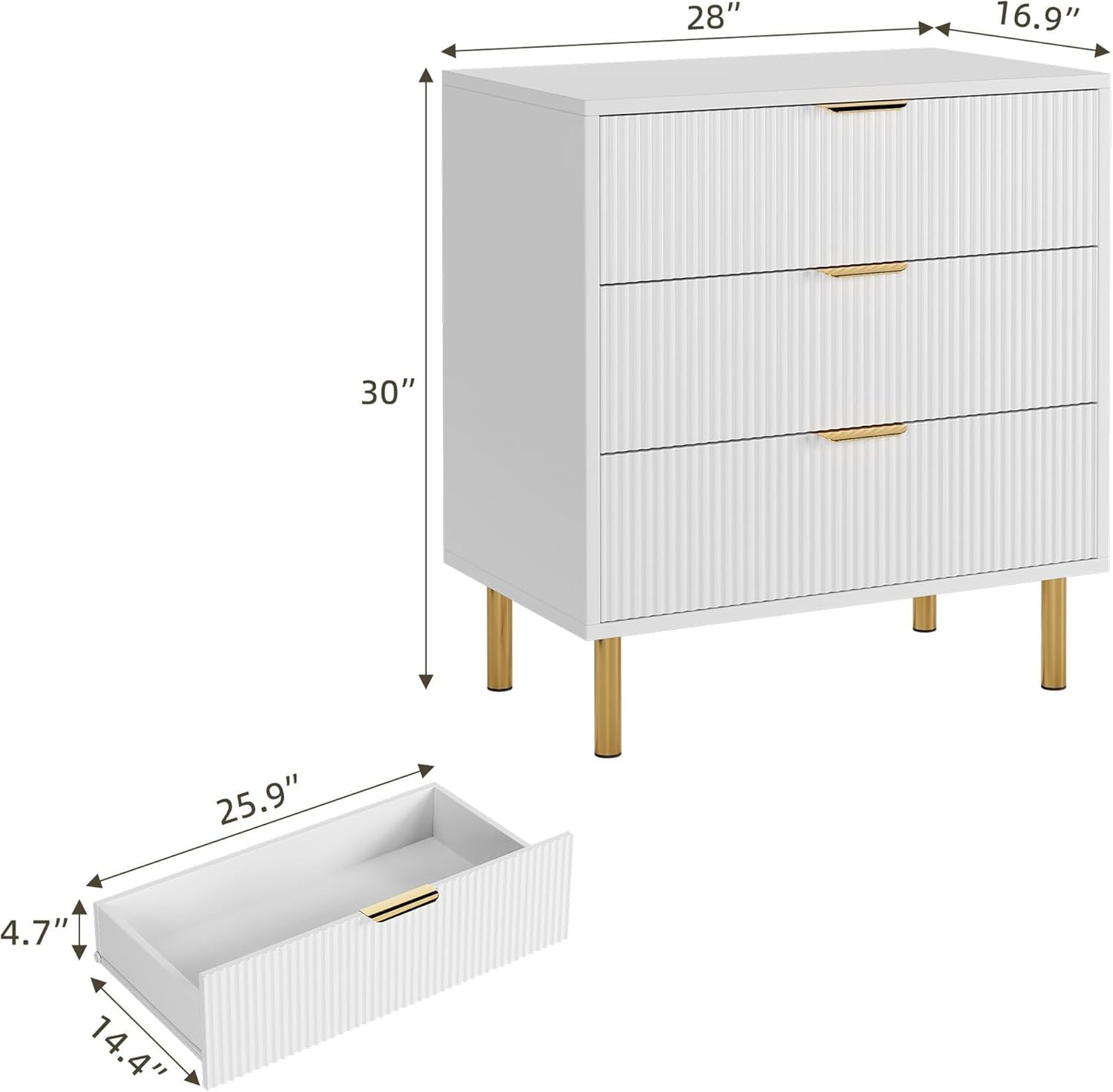 White Dresser, Modern 3 Drawer Dresser for Bedroom with Gold Handle and Large Drawer, Wood Double Chest of Drawers and Storage Organizer for Living Room, Hallway, Entryway