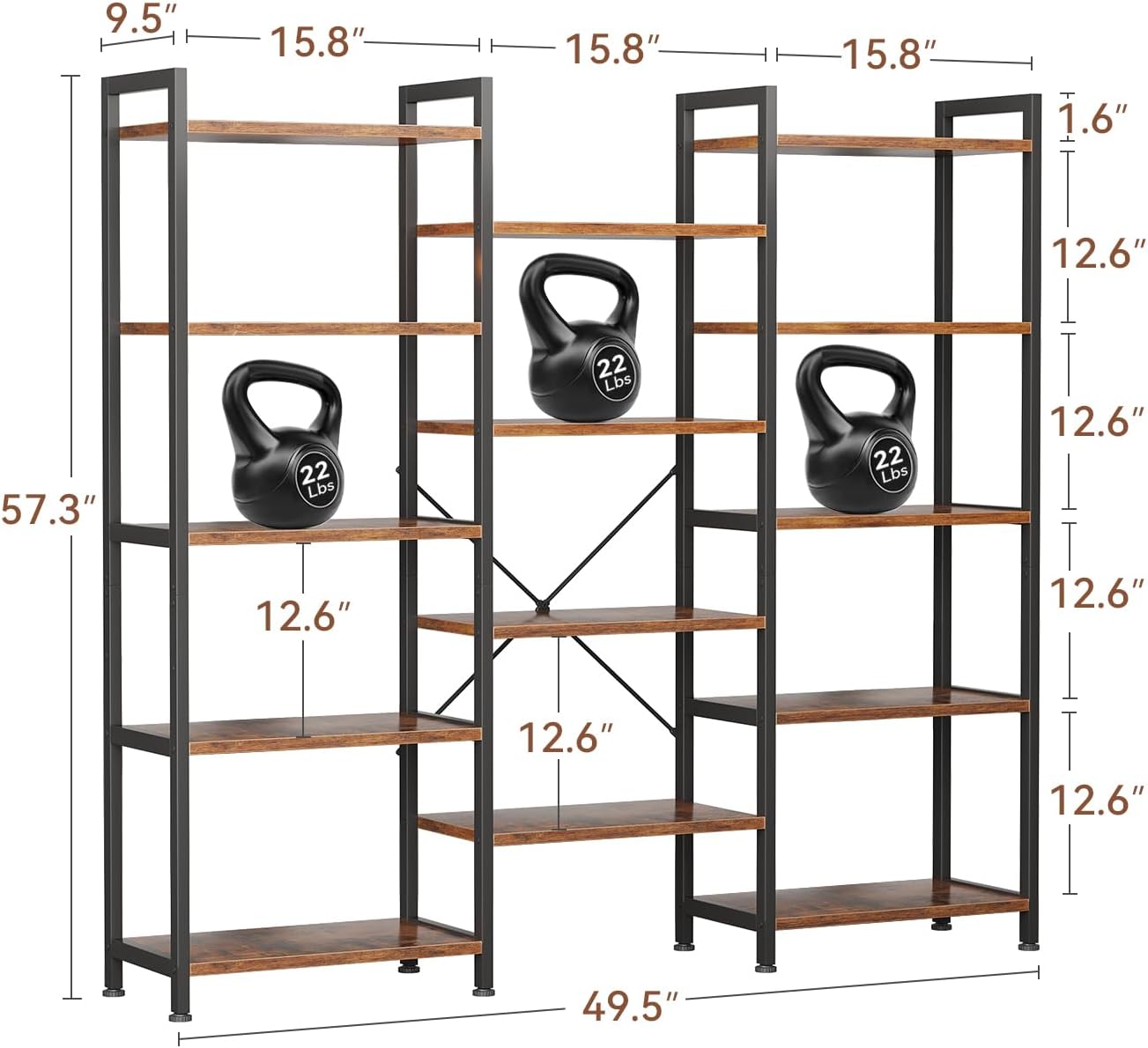 Casaottima Triple 5 Tier Bookshelf, Large Bookcase with 14 Open Display Shelves, Modern Industrial Book Shelves Book Case for Bedroom, Wide Standing Shelving Unit for Living Room Home Office, Vintage