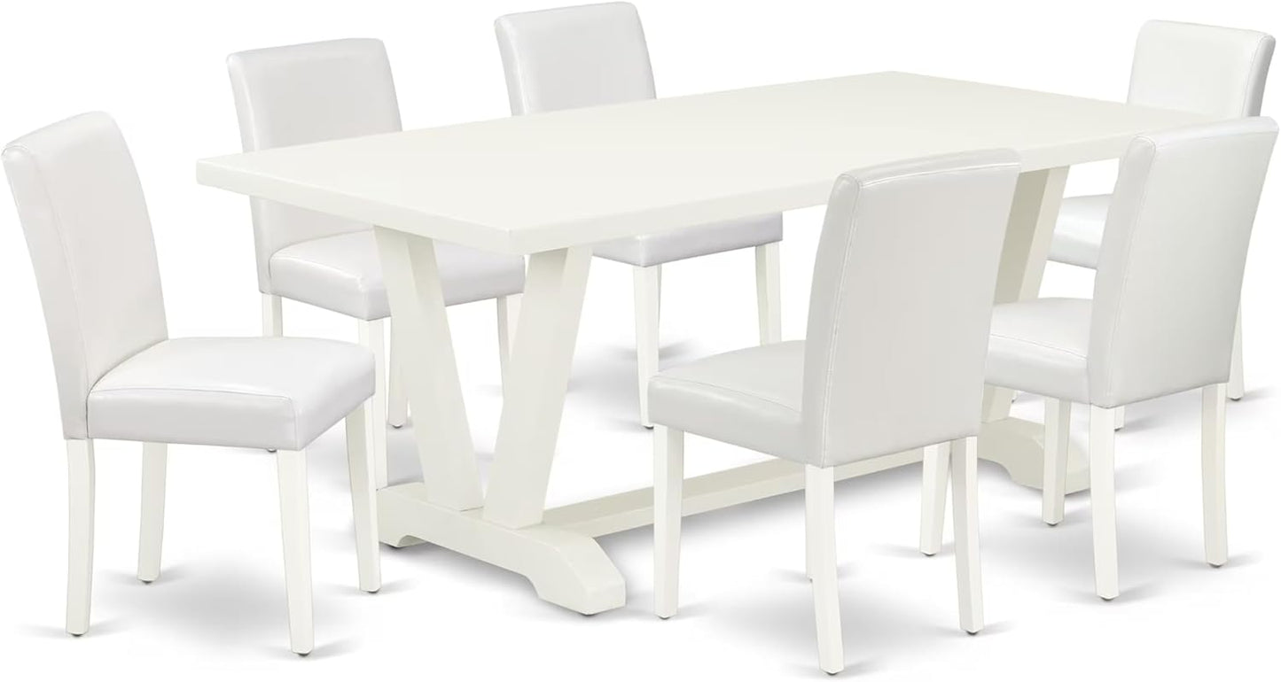 East West Furniture V027AB264-7 7 Piece Dining Room Furniture Set Consist of a Rectangle Dining Table with V-Legs and 6 White Faux Leather Upholstered Chairs, 40x72 Inch, Multi-Color