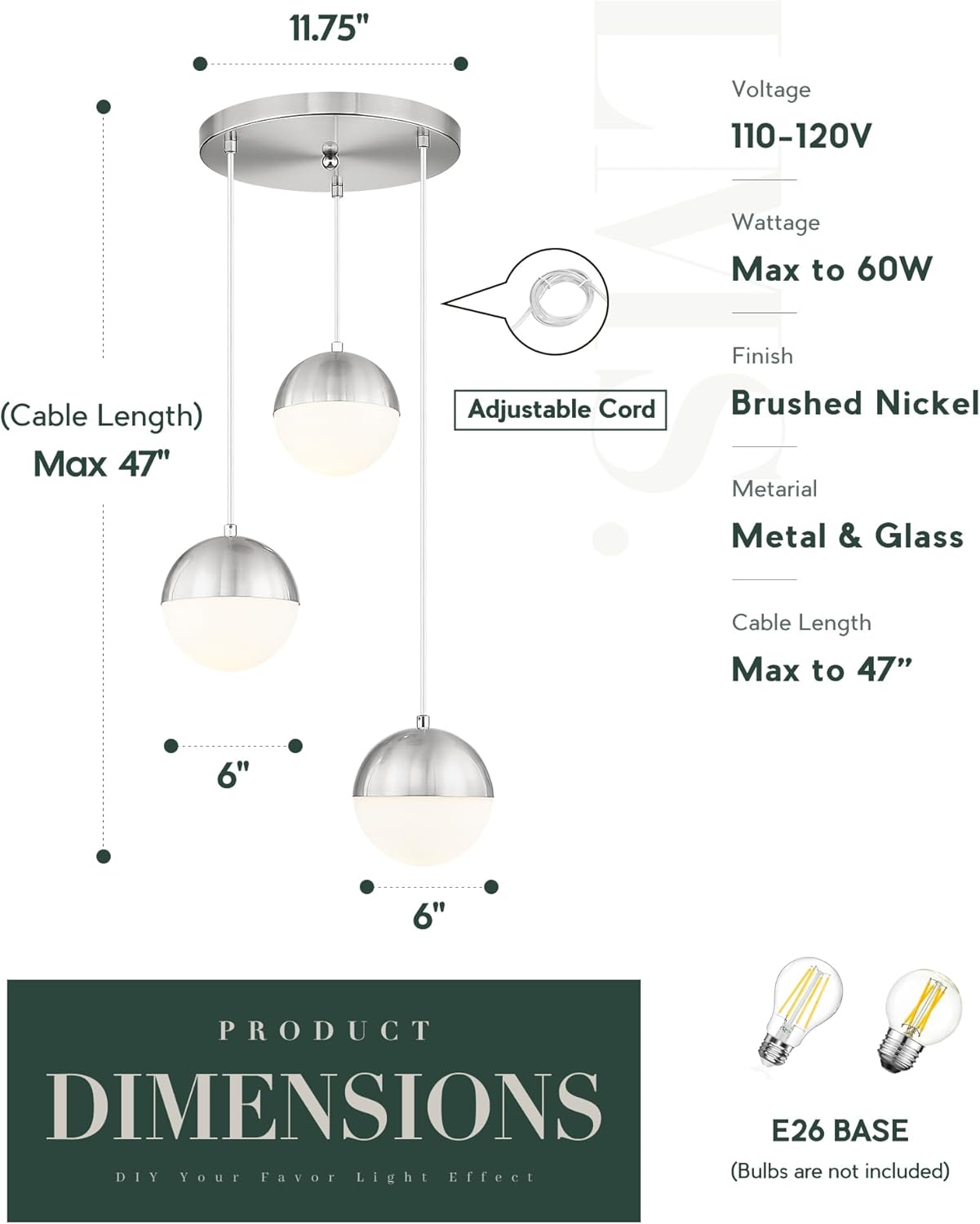 LMS Modern Brushed Nickel 3-Light Cluster Pendant Lights, Mid Century Pendant Lighting with White Globe Glass Shade, Adjustable Hanging Cord Ceiling Light for Home Office Dining Room, LMS-186BN3
