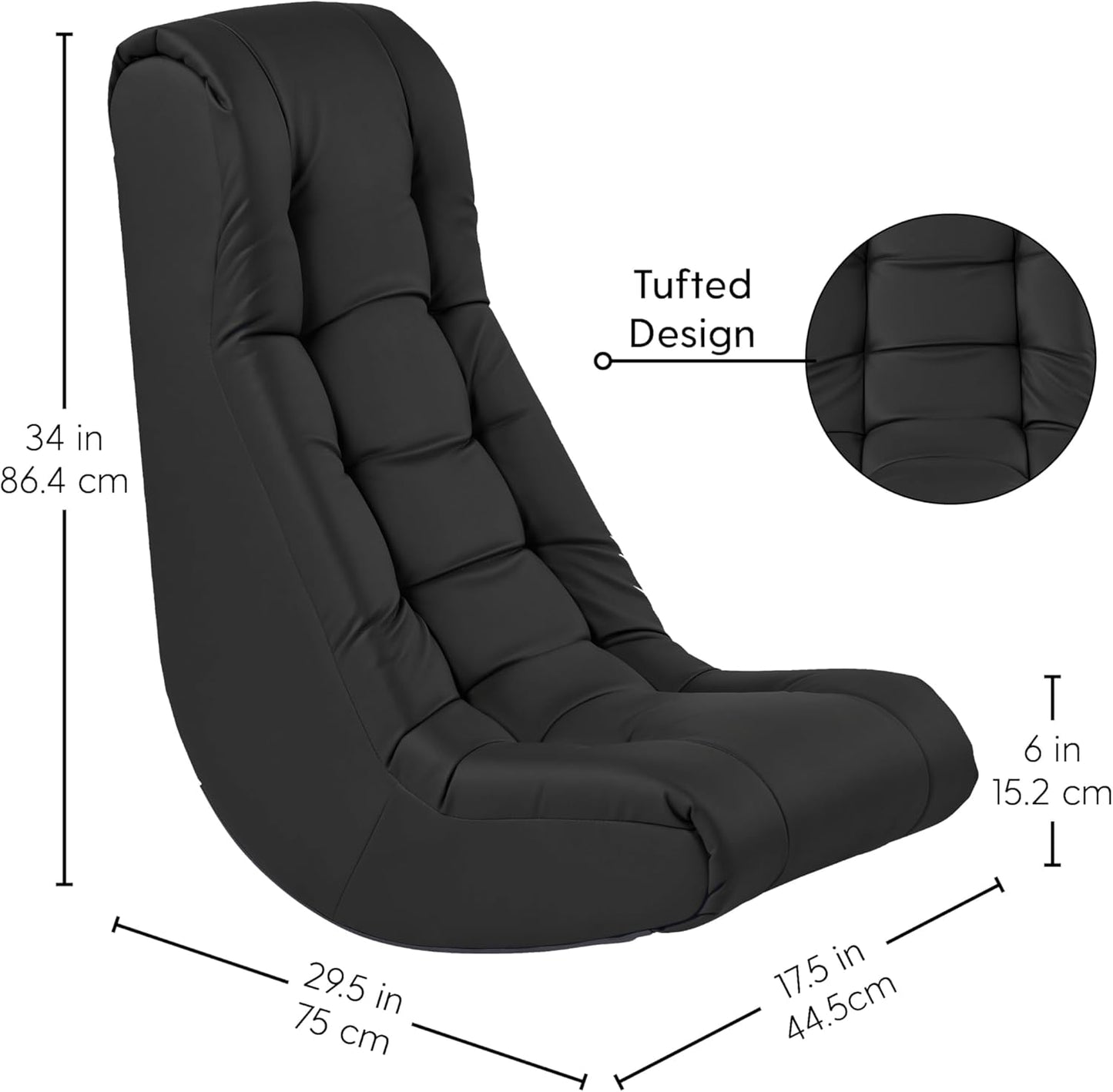 Factory Direct Partners Soft Tufted Floor Rocker - Cushioned Ground Chair for Kids Teens and Adults - Great for Reading, Gaming, Meditating, TV - Black, 10488-BK