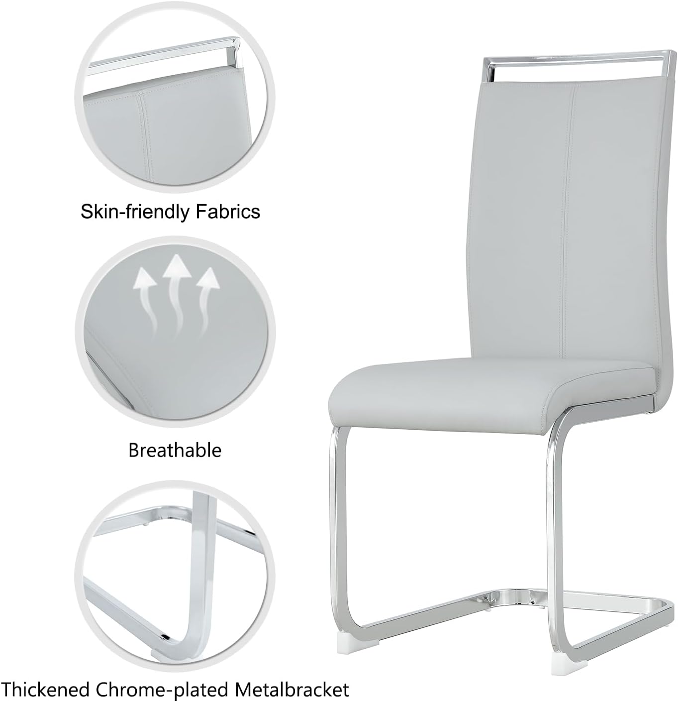 Dining Chairs Set, Kitchen Modern Metal Chairs with Faux Leather Padded Seat High Back and Sturdy Chrome Legs, Chairs for Dining Room (Light Gray, Set of 2)