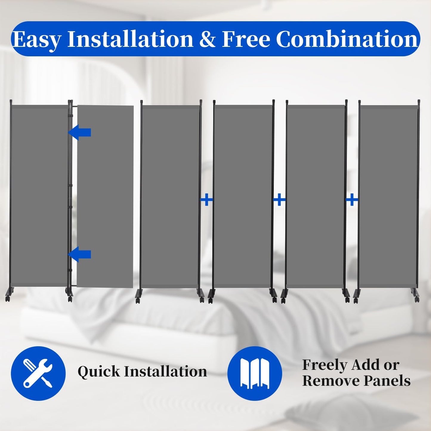 Room Divider 6FT Room Partition with Lockable Wheels, 6 Panel (Thicked Metal Base) Room Dividers, Freestanding Indoor Folding Privacy Screens, Portable Fabric Wall Divider for Room Separation, Grey