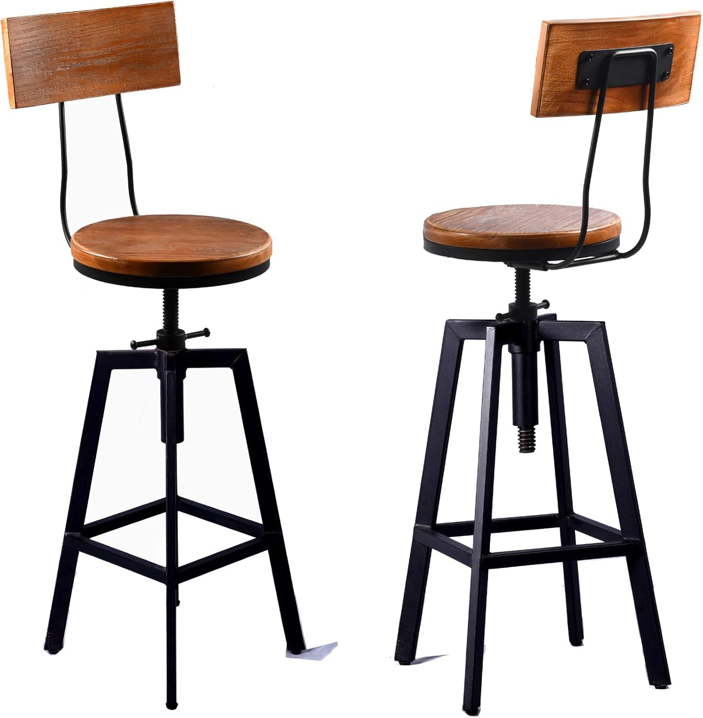 Diwhy Industrial Bar Stool Wood Metal Bar Stool,Adjustable Height Swivel Counter Height Bar Chair with Backrest,Black,Fully Welded Set of 2 (Brown Wooden Top with Wooden Backrest)