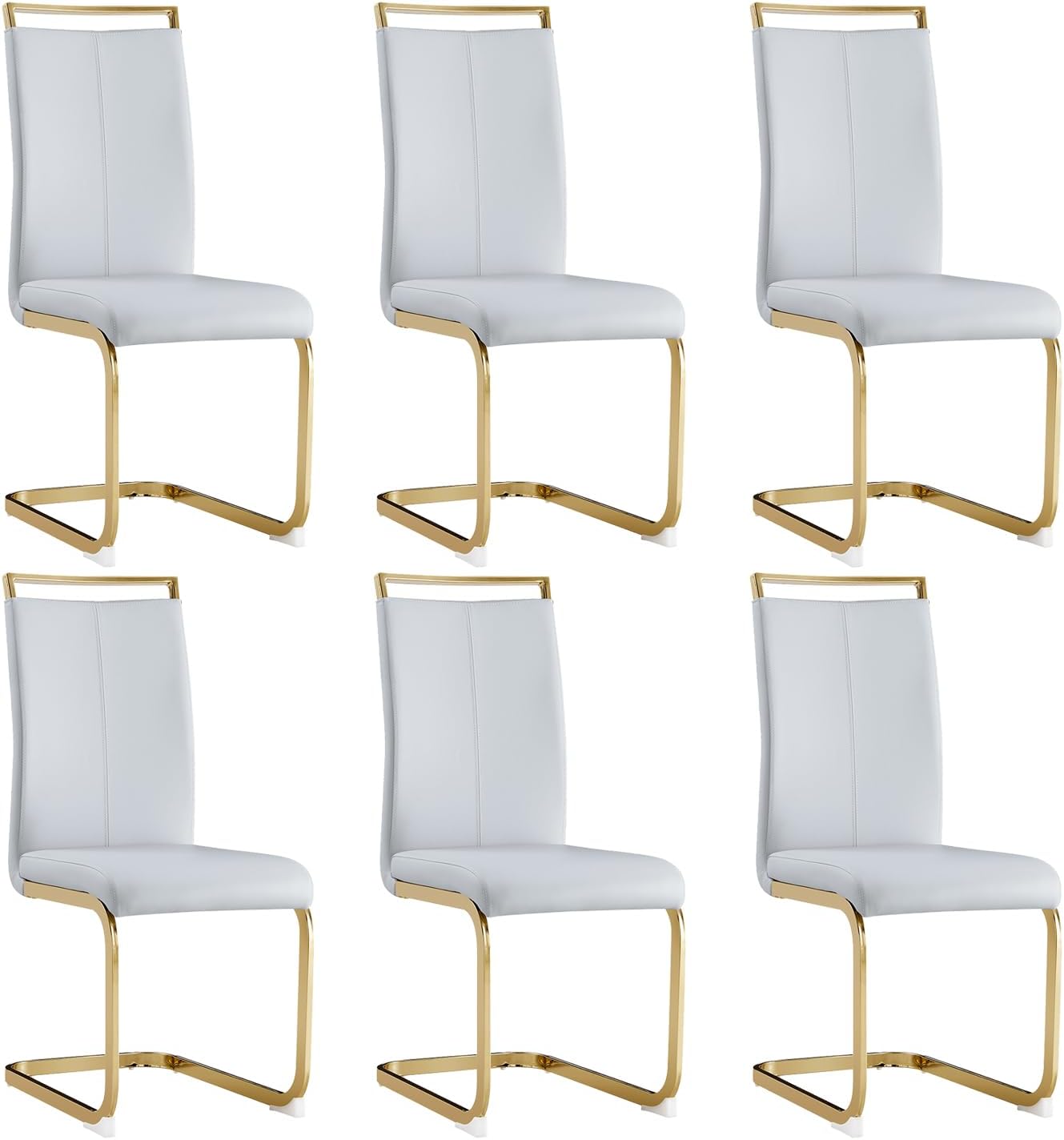 Modern Dining Chairs Set of 6,High Back Light Grey Kitchen Chairs,Faux Leather Side Chair with Gold Plated Metal Legs,Easy to Clean Upholstered Dining Chairs,Ideal for Living Room