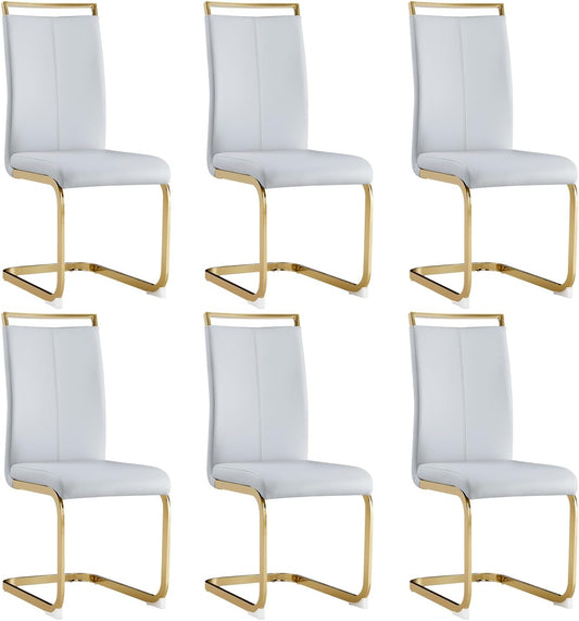 Modern Dining Chairs Set of 6,High Back Light Grey Kitchen Chairs,Faux Leather Side Chair with Gold Plated Metal Legs,Easy to Clean Upholstered Dining Chairs,Ideal for Living Room