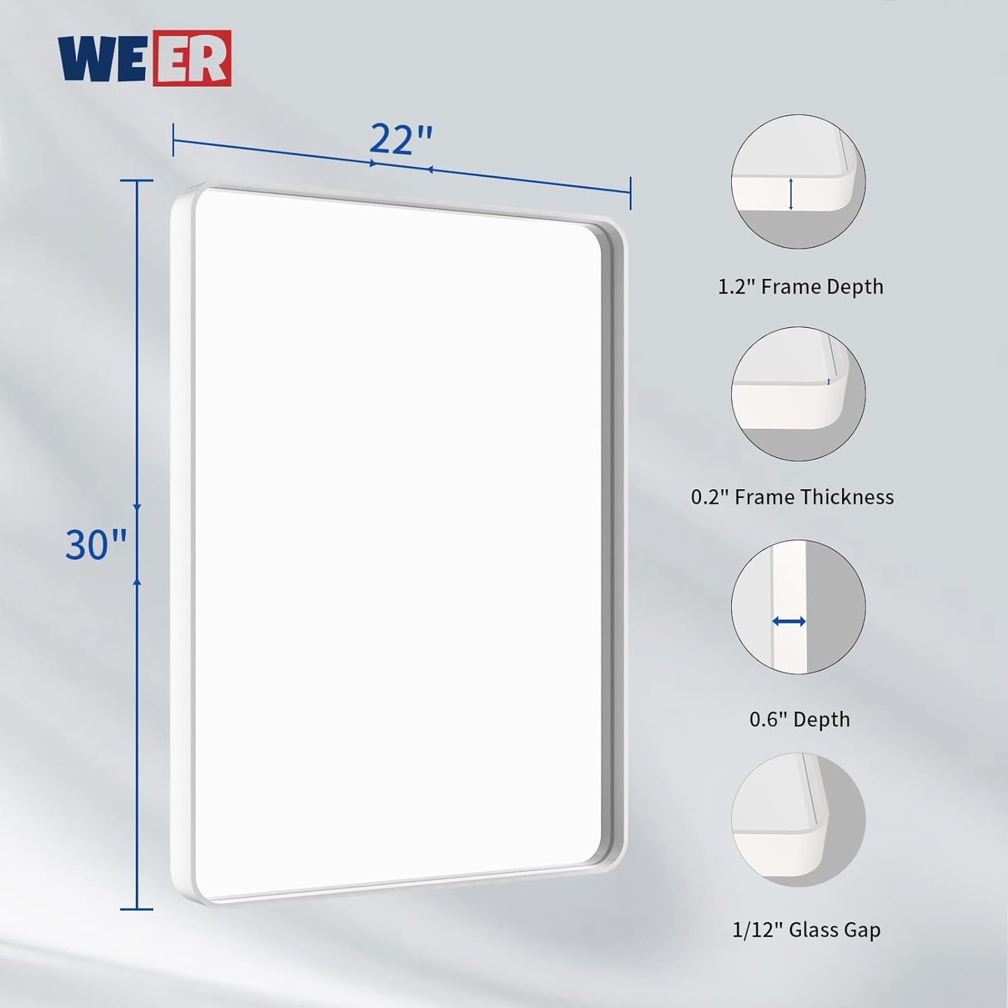 WEER White Bathroom Mirror 22X30 Inch, Rounded Rectangle White Metal Frame Mirror, Matte White Bathroom Vanity Mirror with Tempered Glass, Anti-Rust, Hangs Horizontally or Vertically