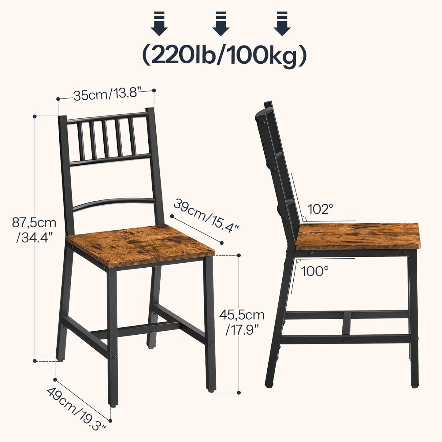 HOOBRO Kitchen Chairs Set of 2, Wooden Dining Room Chairs with Metal Frame, Dining Chairs with Back, Easy to Assemble, Farmhouse Dining Chairs for Kitchen, Living Room, Rustic Brown and Black BF39CD01