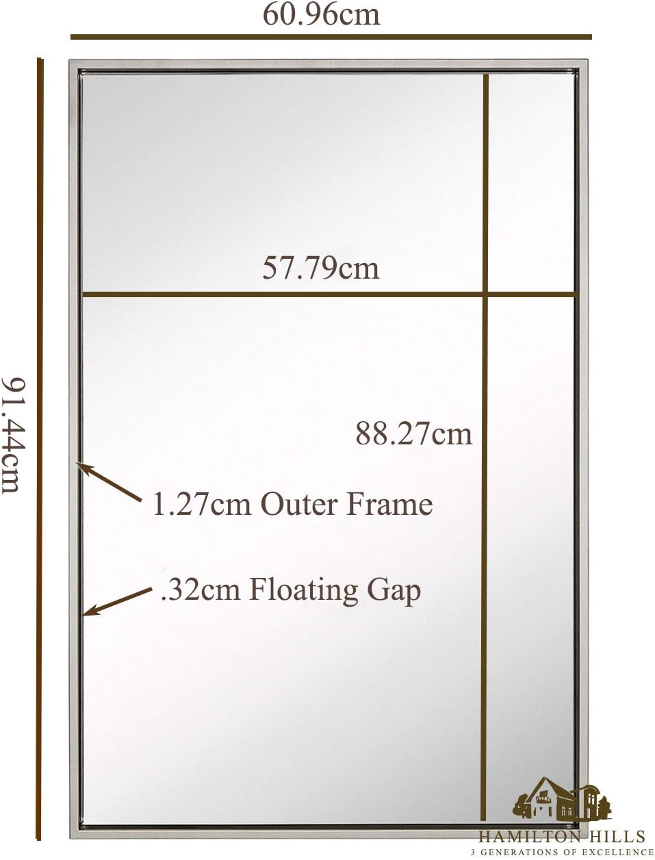 Hamilton Hills 30x40 inch Bathroom Mirror Cabinet - Large Rectangular Wall-Mounted Mirrors for Bathroom - 1/2 inch Floating Frame Vanity Mirror with Nickel Glass - Hangs Horizontal or Vertical