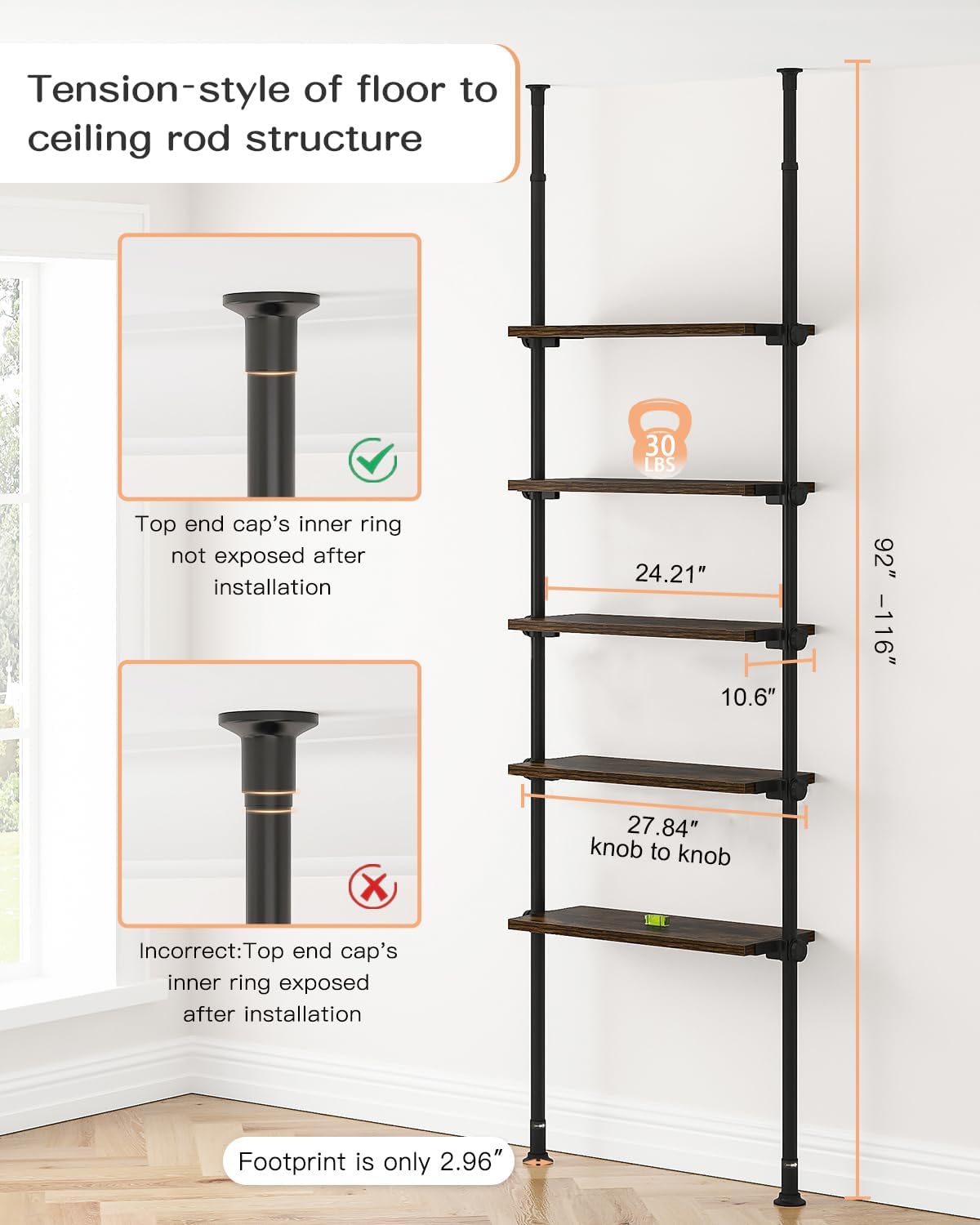 ALLZONE 5 Tiers Narrow Bookshelf, Tall Adjustable Ladder Book Shelf with Open Storage, Floor to Ceiling Tension Mount, Wooden Industrial Bookcase for Living Room, 92 to 116 Inch, Brown