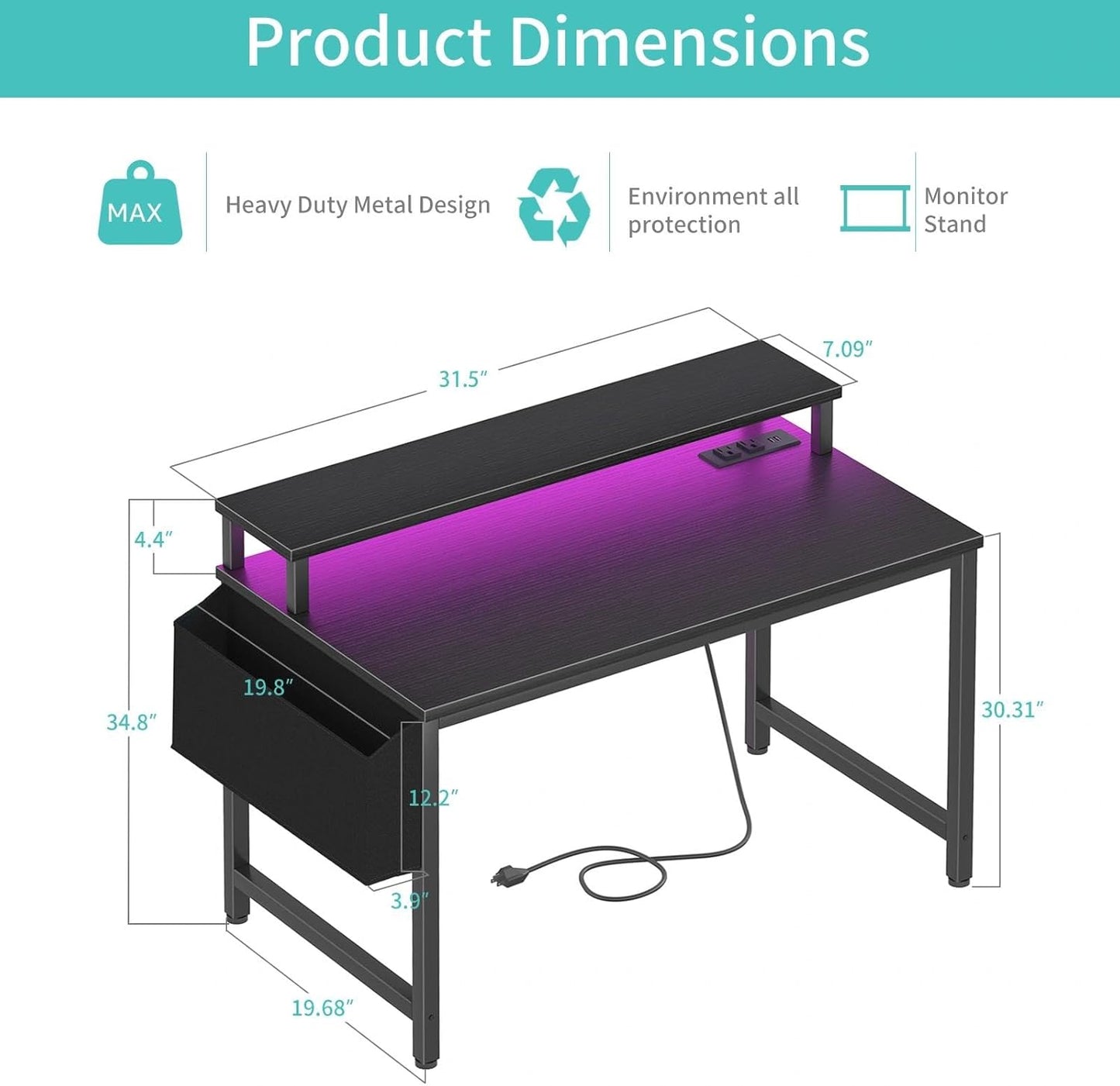 Lufeiya Small Desk with Power Outlets and LED Lights, 32 Inch Teen Writing Study Table Home Office Computer Desks with Monitor Stand, Gaming Desk with Charging Station, Black
