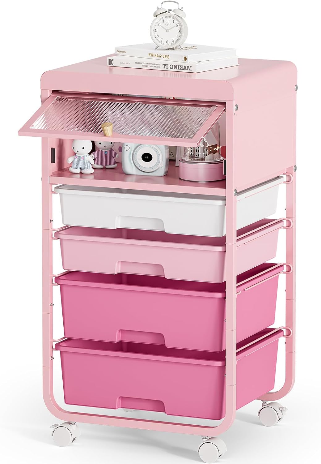 Utility-Rolling-Storage-Drawer-Craft-Cart-Organizers with 4 Drawers & Dust-Proof Door for Kid Craft Art Room,Bedroom,Home Office, Classroom, Rose Pink
