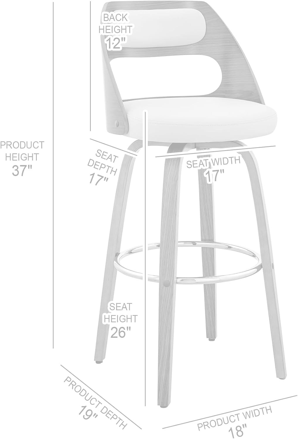 Armen Living Julius Mid Century Modern Swivel Bar Stool for Kitchen Island Counter in Gray Faux Leather and Black Wood, 26" Seat Height