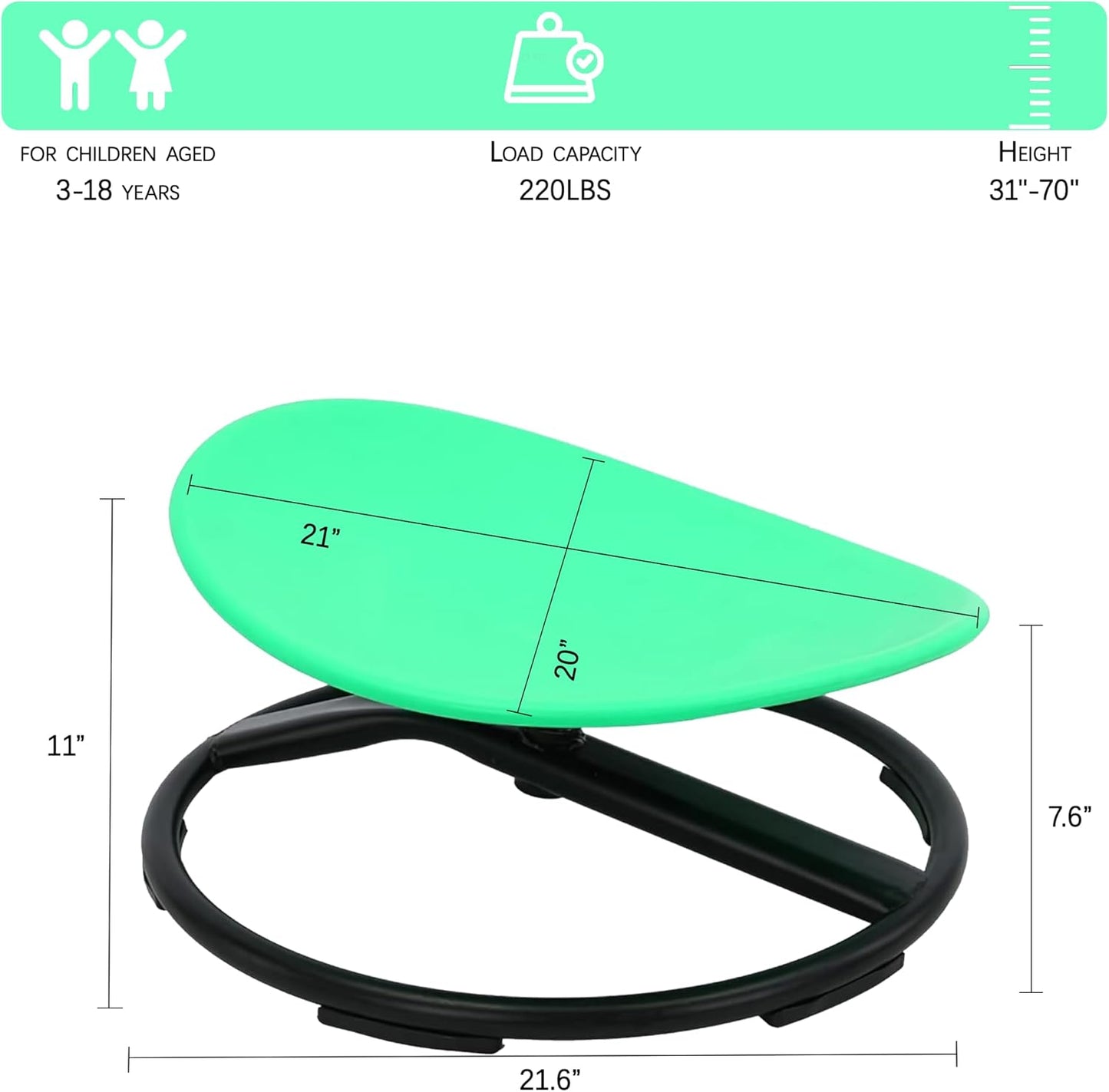 Spinning Chair for Autistic Kids (3-18 Years), Sensory Swivel Chair for Teens with ADHD/Autism – 21×19 Inch 220LBS Weight Capacity Seat – Sit and Spin Calming Toy for Body Balance(Green)