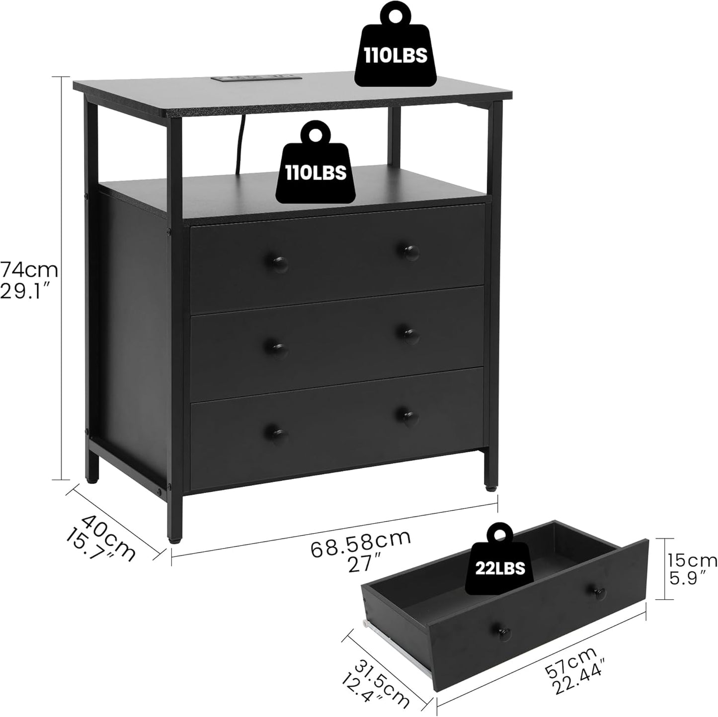 3 Wooden Drawers Night Stand, 27 Inch Wide Nightstand with Charging Station and Adjustable Drawers, Bedside Table for Living Room/Bedroom/Office, Black.