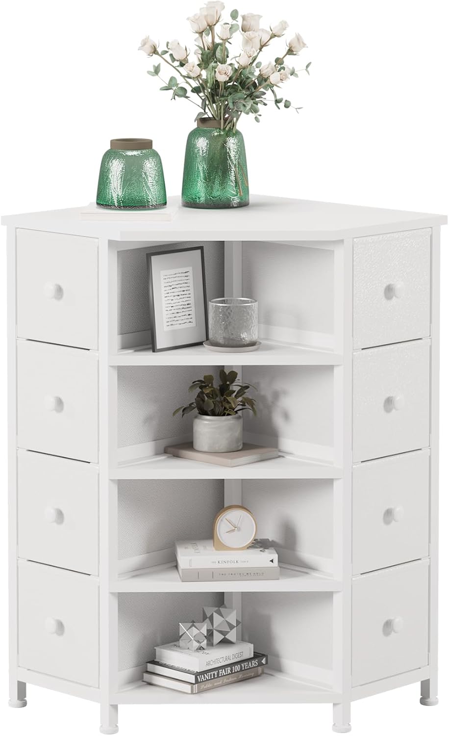 LUMTOK 8 Drawers Corner Dresser with Storage Fabric Drawers and Open Shelves for Small Space，Bedroom，Entryway，Living Room (White)
