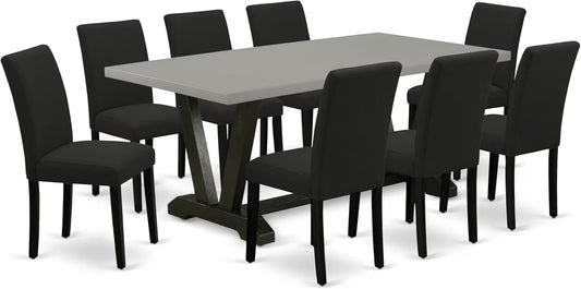 East West Furniture V697AB624-9 9 Piece Dining Room Table Set Includes a Rectangle Kitchen Table with V-Legs and 8 Black Color Linen Fabric Parson Dining Chairs, 40x72 Inch, Multi-Color