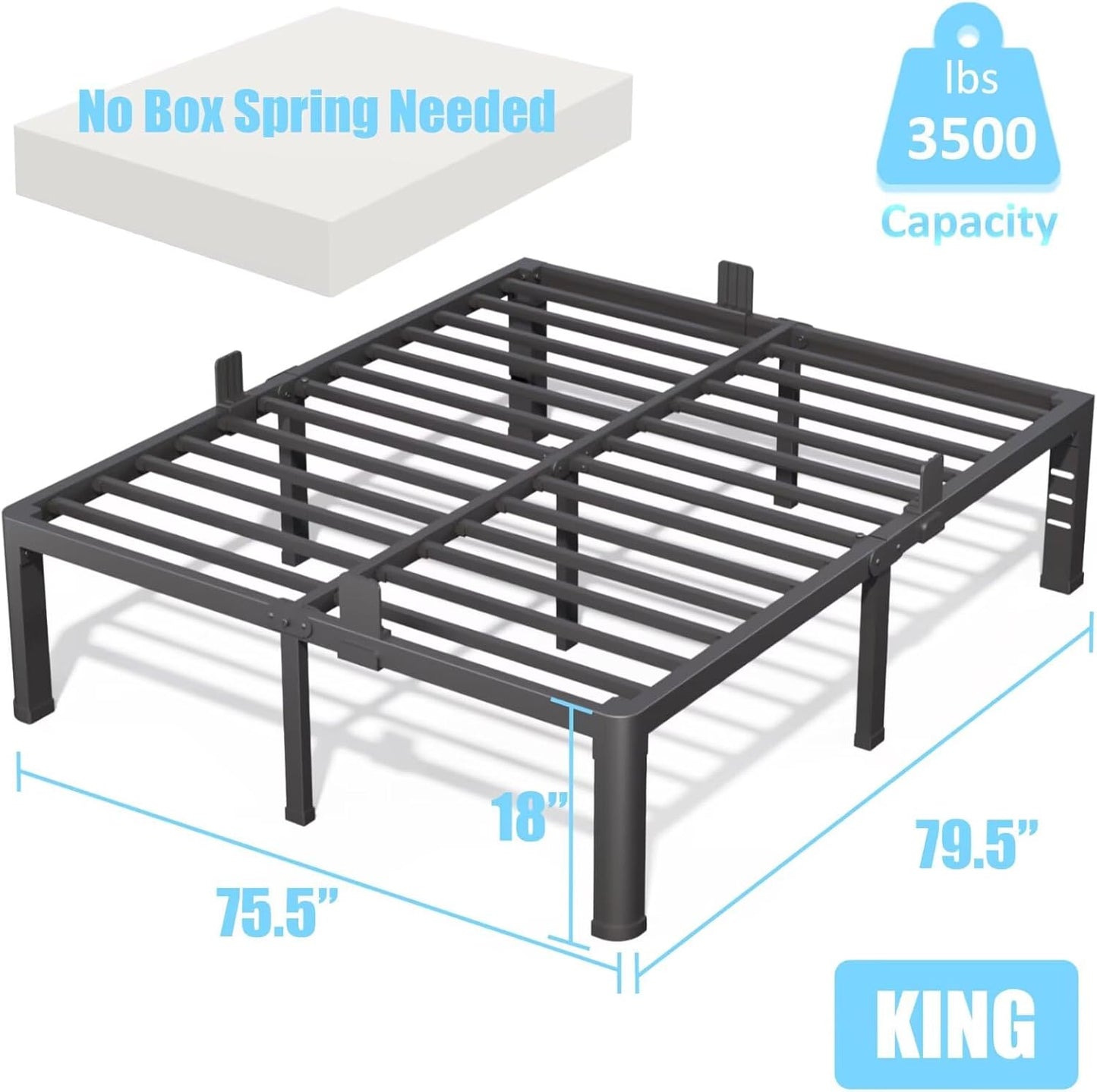 FUIOBYVV 18 Inch King Bed Frame with Rounded Corner and Headboard Hole Mattress Retainers 3500 LBS Metal Heavy Duty Steel Slats Support No Box Spring Needed Platform Noise Free Easy Assembly