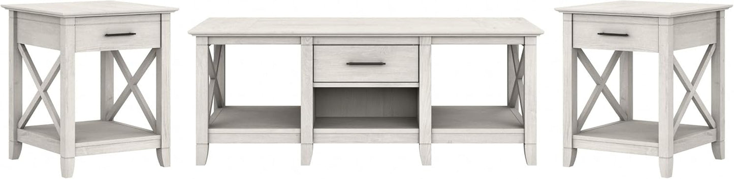 Bush Furniture Key West Coffee Table with Set of 2 End Tables in Linen White Oak