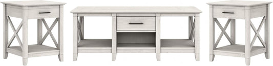 Bush Furniture Key West Coffee Table with Set of 2 End Tables in Linen White Oak
