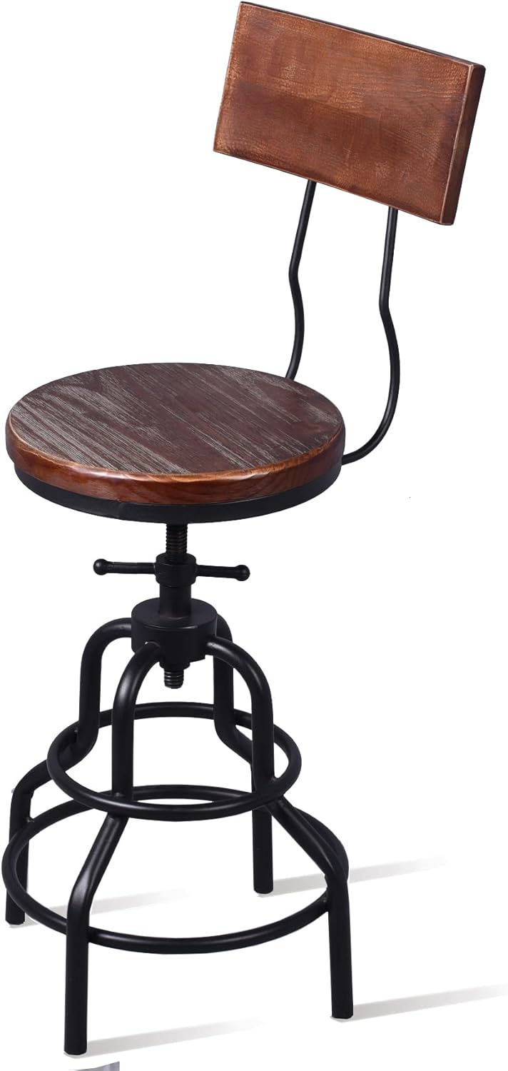 Diwhy Industrial Vintage Counter Stool, Kitchen Counter Height Adjustable Swivel Chair, Metal Frame Stool, with Wood Backrest, 20.47-26.77 Inch, Fully Welded Base, Set of 2