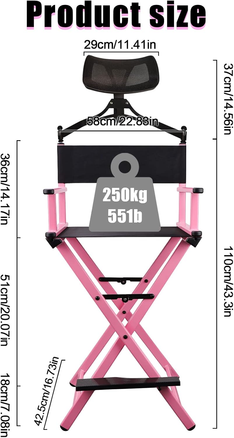 Lorvain Folable Makeup Artist Stool Chair, Protable Tall Folding Directors Chair, Aluminum Makeup Chair with Head Rest for Studio Salon Vanity, Bar Height - Pink Chair