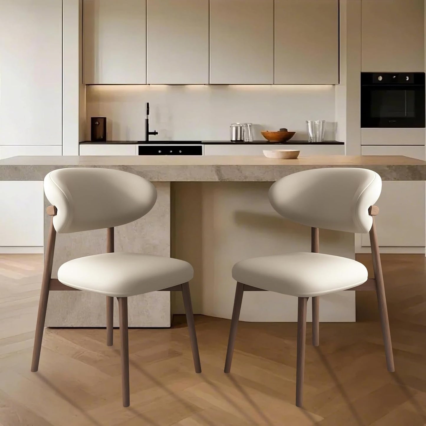 Upholstered Dining Chairs Set of 2,Mid Century Modern Kitchen Chairs with Back and Wood Frame,Faux Leather Dinner Chairs (Light Khaki + Light Walnut Legs, Set of 2)