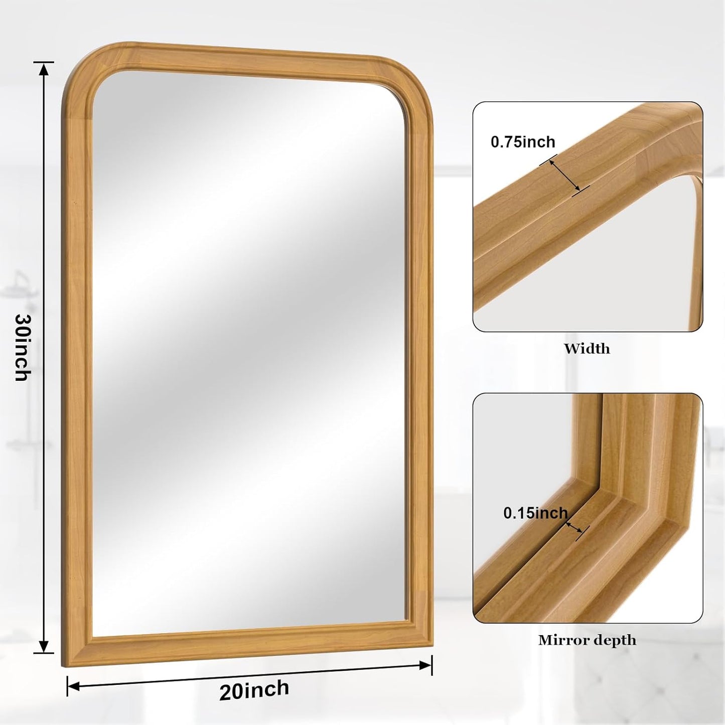 WallBeyond Wood Bathroom Mirror 20" x 30" Wooden Arched Wall Mirror Farmhouse Style Bathroom Vanity Mirror for Home Decor Rectangle Mirror (Natural)