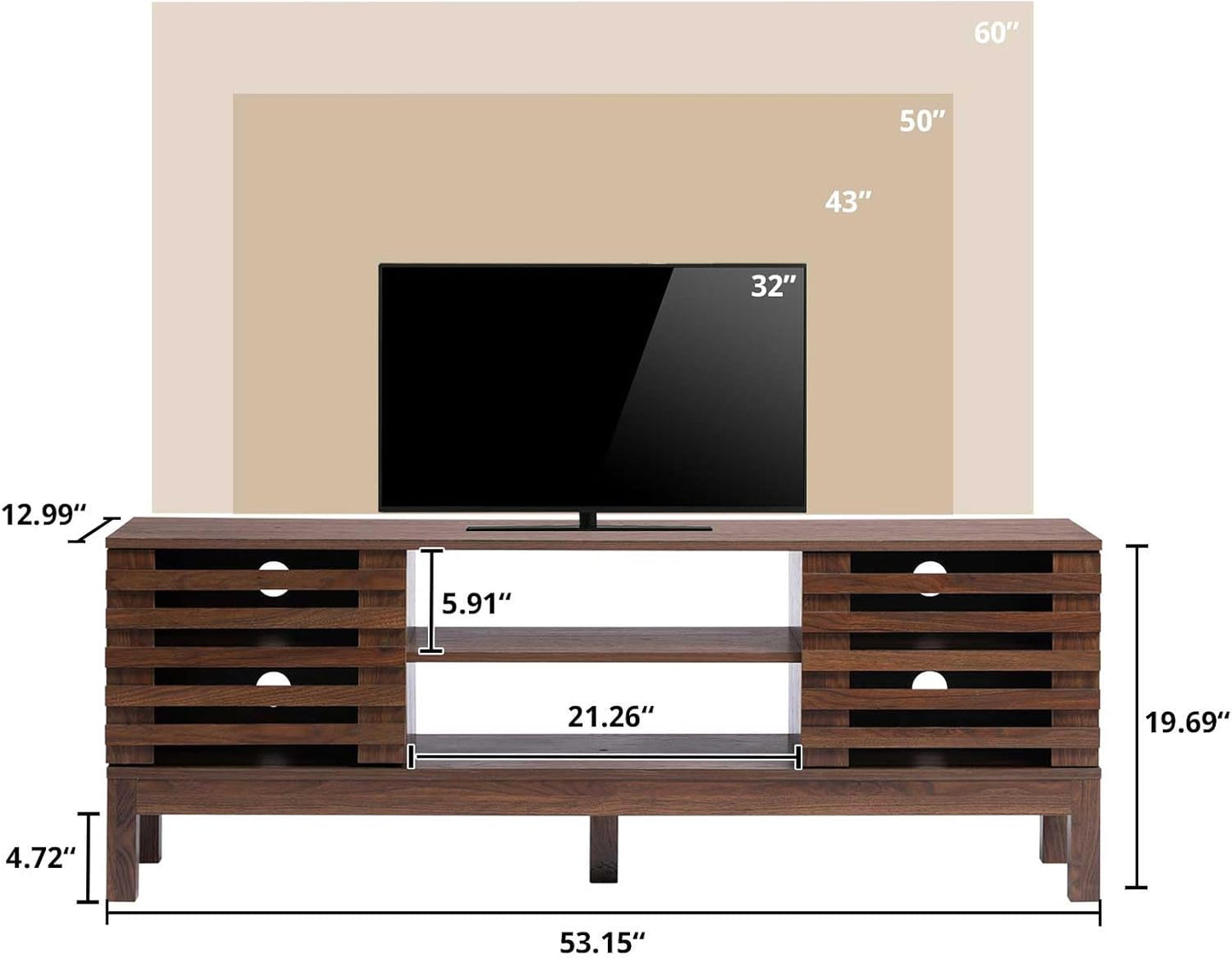 HollyHOME Wood TV Stand for TVs up to 65", Mid Century TV Stand with Storage, Modern Entertainment Center with Fence Door, Accent TV Media Console Table for Living Room, 53"(L), Retro Brown