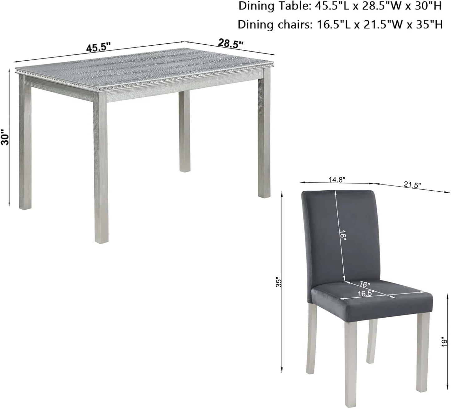 Dining Table Set for 4, 5-Piece Dining Room Table Set with Rectangular Crystal Decoration Table & 4 Upholstered Backrest Chairs, Counter Height Kitchen Sets with MDF Tabletop, Grey