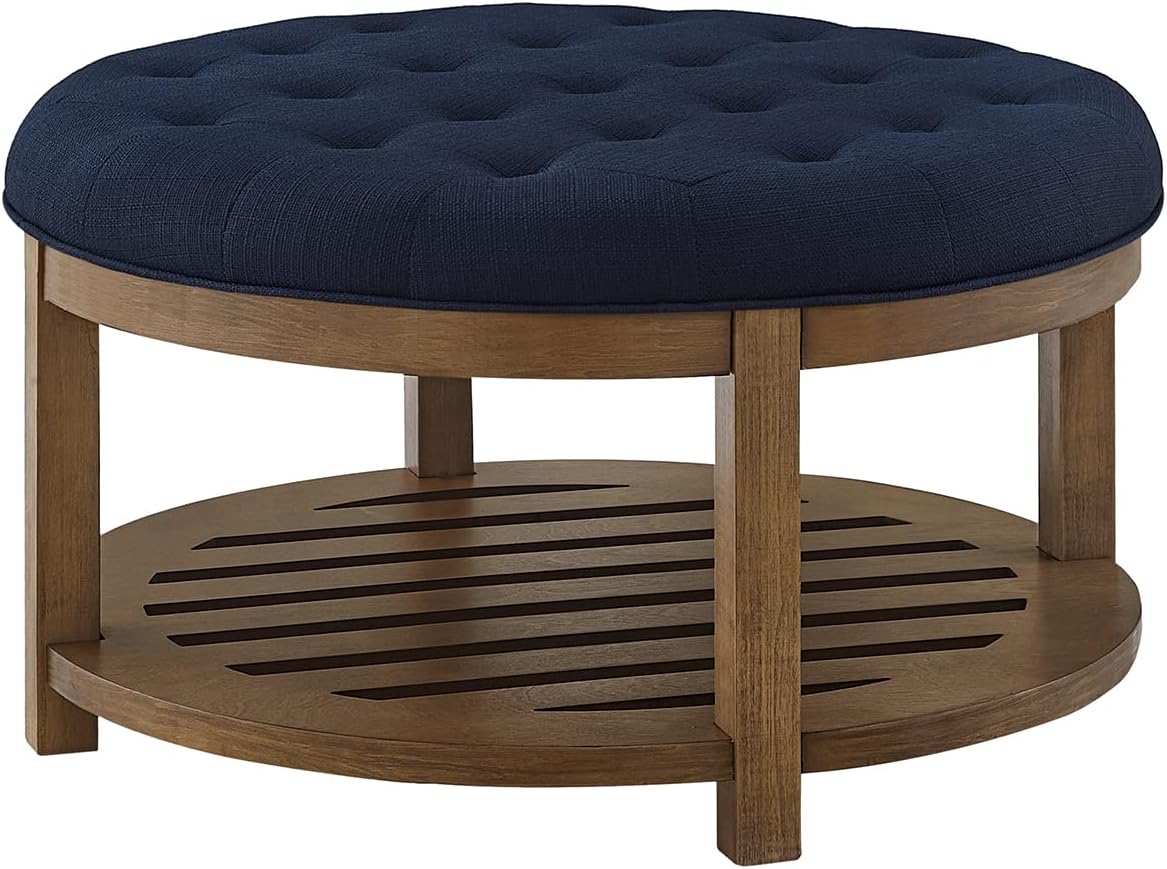 24KF Large Round Upholstered Tufted Linen Ottoman Coffee Table, Large Footrest Ottoman with Wood Shelf Storage- Navy Blue